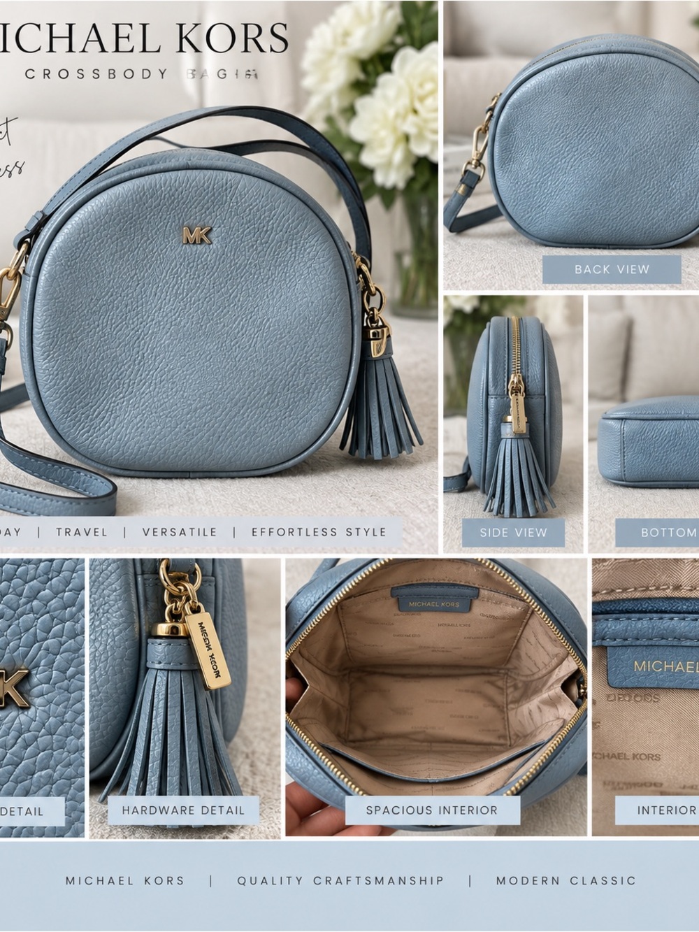 MICHAEL KORS Dusty Blue Pebbled Leather Round Crossbody with Tassel